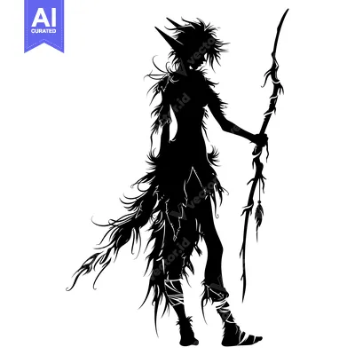 Aset desain premium: Silhouette of a Furry Female Figure Holding a Staff