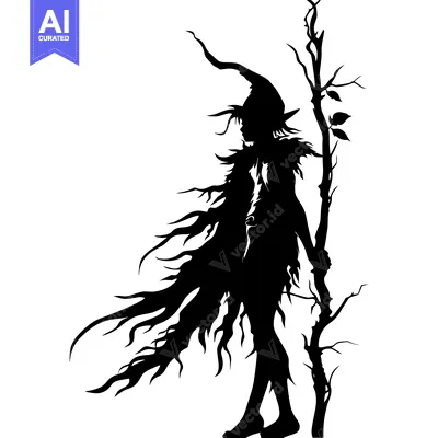 Aset desain premium: Silhouette of a Witch Holding a Branch with Leaves