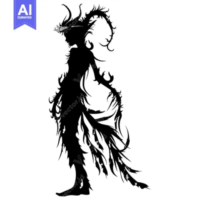 Aset desain premium: Silhouette of a Woman with Branch-like Hair and Horns