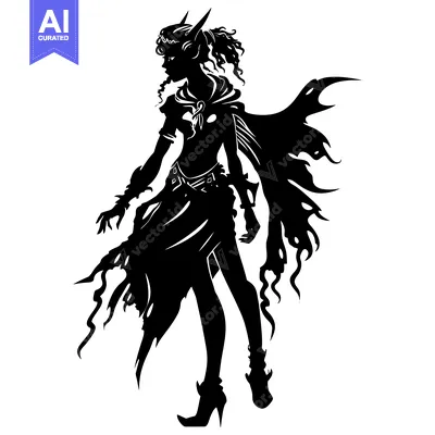 Aset desain premium: Black and White Silhouette of a Female Elf with a Ripped Cape