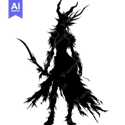 Premium design asset: Silhouette of a Female Figure with Antlers and a Curved Sword
