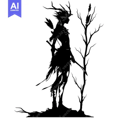 Aset premium populer: Silhouetted Figure with Antlers and Spear Standing Near a Tree