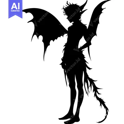 Aset desain premium: Silhouette of a Winged Humanoid with a Spiked Tail