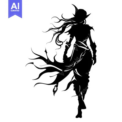 Aset desain premium: Silhouette of a Female Elf Warrior with Flowing Hair and a Cloak