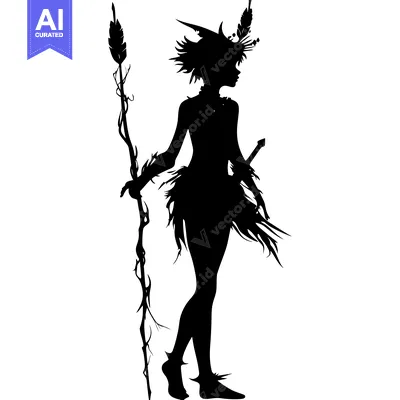 Aset desain premium: Silhouette of a Female Warrior with a Staff and Feathers in Her Hair