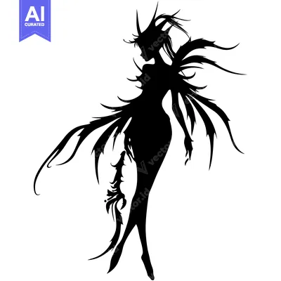 Popular premium asset: Silhouette of a Winged Female Figure with Spiked Hair and Sharp Featur