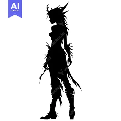 Aset desain premium: Silhouette of a Female Fantasy Creature with Antlers and Long Hair