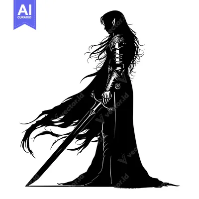 Aset desain premium: Silhouette of a Female Elf Warrior with a Sword