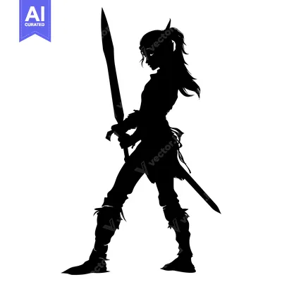 Aset premium populer: Silhouette of a Female Elf Warrior Holding a Sword
