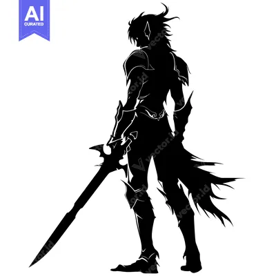 Aset desain premium: Silhouette of a Fantasy Warrior Holding a Sword