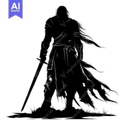Aset premium populer: Silhouette of a Medieval Knight with a Sword and a Torn Cloak