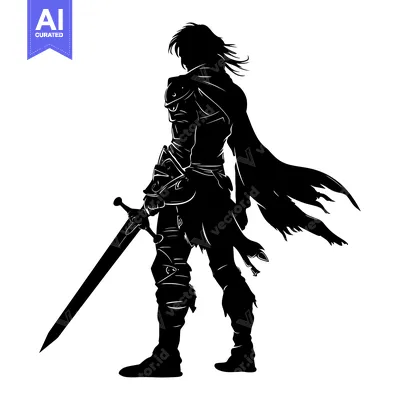 Premium design asset: Silhouette of a Male Figure Holding a Sword and Wearing a Cape