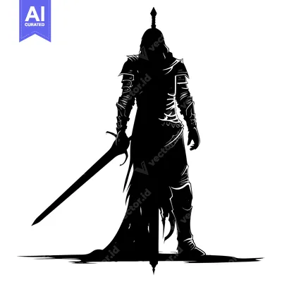 Aset desain premium: Silhouette of a Dark Knight Holding a Sword