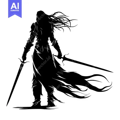 Popular premium asset: Silhouette of a Warrior Holding Two Swords with Long Flowing Hair