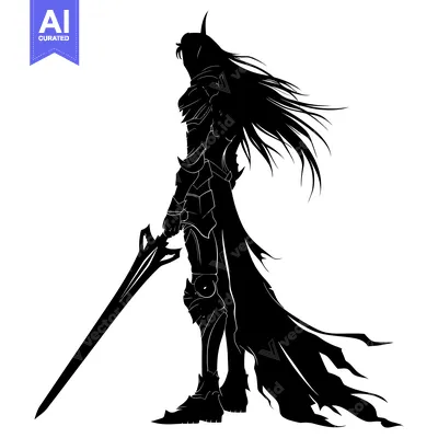 Premium design asset: Silhouette of a female warrior holding a sword and wearing armor