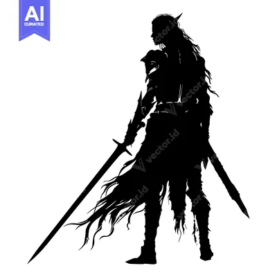 Aset desain premium: Silhouette of a Female Warrior with a Sword