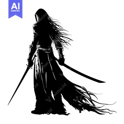 Popular premium asset: Silhouette of a hooded figure holding a sword and a katana