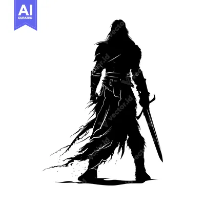 Premium design asset: Silhouette of a Warrior with a Sword in Hand, Facing Away from the Vie