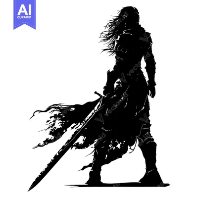 Aset desain premium: Silhouette of a Female Warrior with a Sword and Flowing Cape