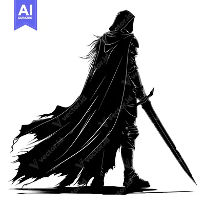 Aset desain premium: Silhouette of a Hooded Figure with a Sword and Flowing Cape
