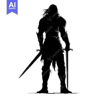 Aset desain premium: Silhouette of a Warrior Holding Two Swords