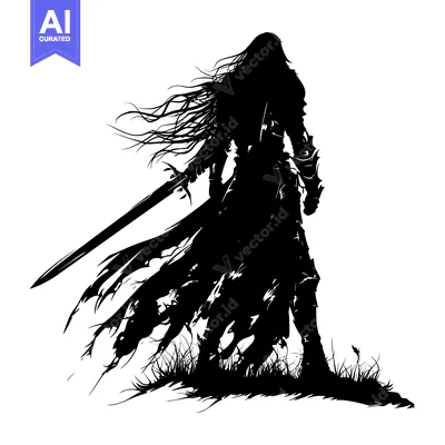 Aset premium populer: Silhouette of a Warrior Holding a Sword with Long Hair and a Cape Flow