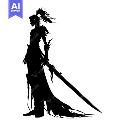 Silhouette of a Warrior Holding a Sword with Wavy Hair and a Long Robe