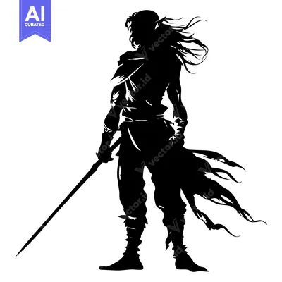 Aset desain premium: Silhouette of a Long-Haired Elf Holding a Sword