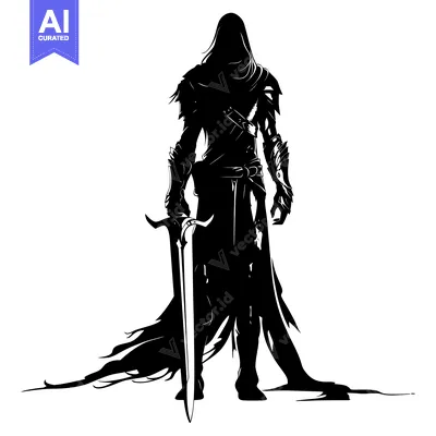 Aset premium populer: Silhouette of a hooded warrior holding a sword with a cape flowing beh