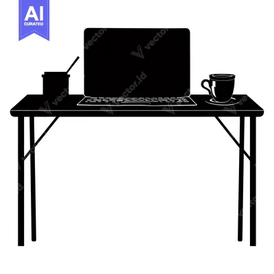 Premium design asset: Black Silhouette of a Desk with a Laptop, Cup of Coffee, and Supplies