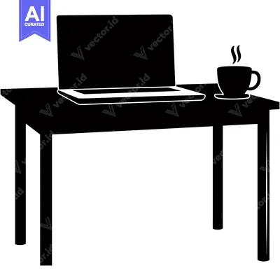 Aset desain premium: Black Silhouette of a Desk with a Laptop and a Cup of Coffee