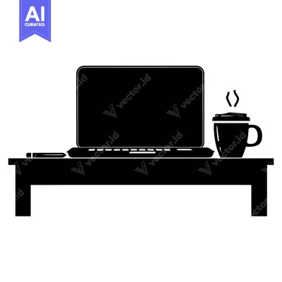 Aset desain premium: Black Silhouette of a Laptop, Mug of Coffee, and Pencil on a Desk