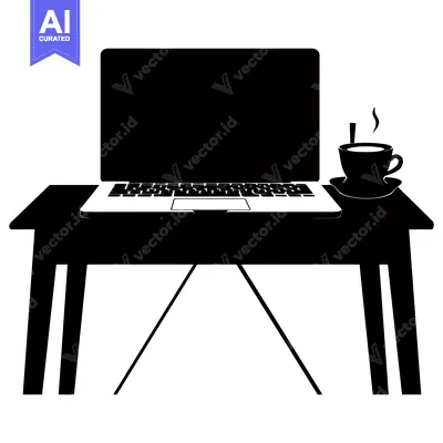 Aset premium populer: Black and White Silhouette of a Laptop, Cup, and Table