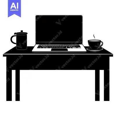 Premium design asset: Black Silhouette of a Desk with a Laptop, Coffee, and a Water Bottle
