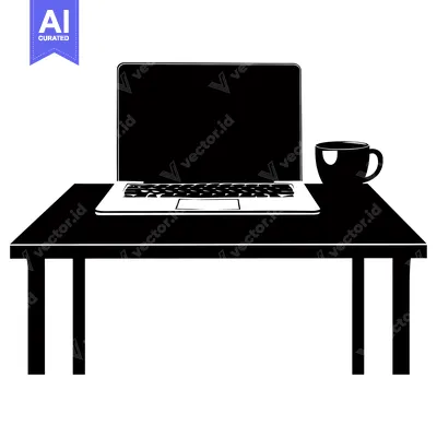 Aset premium populer: Black and White Silhouette of a Laptop on a Table with a Coffee Mug