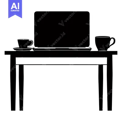 Aset desain premium: Silhouette of a Laptop, Two Cups, and a Table