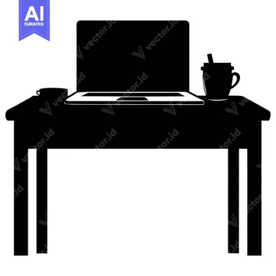 Aset desain premium: A Black Silhouette of a Desk with a Laptop, Two Cups, and a Straw