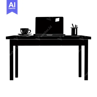 Aset premium populer: Black Silhouette of a Desk with a Laptop, Coffee Cup, and Pen Holder