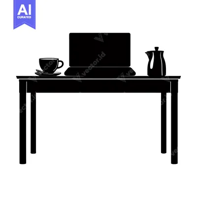 Popular premium asset: Silhouette of a table with a laptop, teacup, and teapot