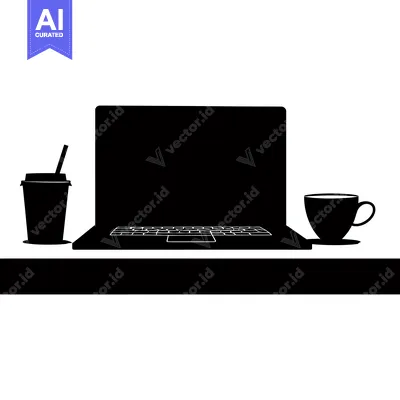 Aset premium populer: Silhouette of a Laptop, Coffee Cup, and Drink on a Desk