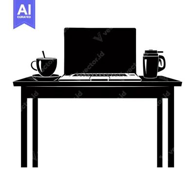 Aset desain premium: Black Silhouette of a Laptop, Cup, and Tumbler on a Desk