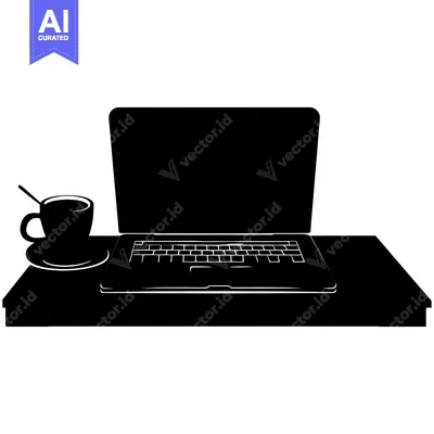 Aset desain premium: Black and White Silhouette of a Laptop and a Cup of Coffee on a Table
