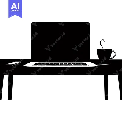 Aset desain premium: Black and White Silhouette of a Laptop, Cup of Coffee, and Phone on a