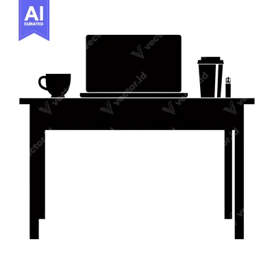 Popular premium asset: Black Silhouette of a Desk with a Laptop, Coffee Cup, and a Water Bott
