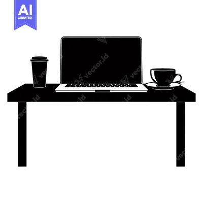 Premium design asset: Black and White Silhouette of a Laptop, Coffee Cup, and To-Go Cup on a