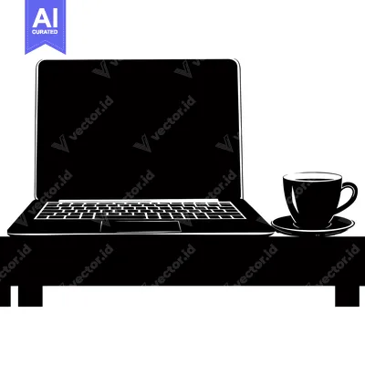 Aset desain premium: Black and white silhouette of a laptop and coffee cup on a table