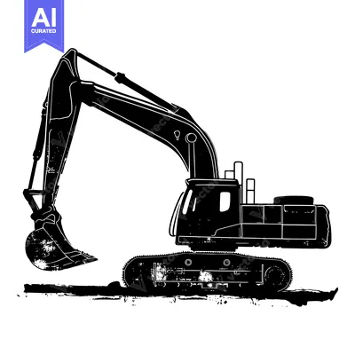 Black and White Silhouette of an Excavator with Tracks and a Bucket