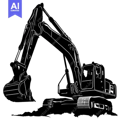 Aset desain premium: Black and White Silhouette of an Excavator Digging