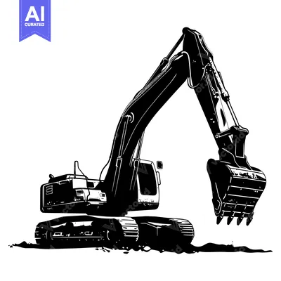 Aset desain premium: Black and White Silhouette of an Excavator with Arm Extended