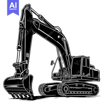 Premium design asset: Excavator with a bucket in a black and white silhouette